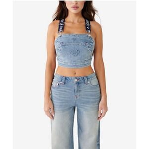 True Religion Overall Denim Jean Crop Top Malibu Wash Logo Straps Size L NWT